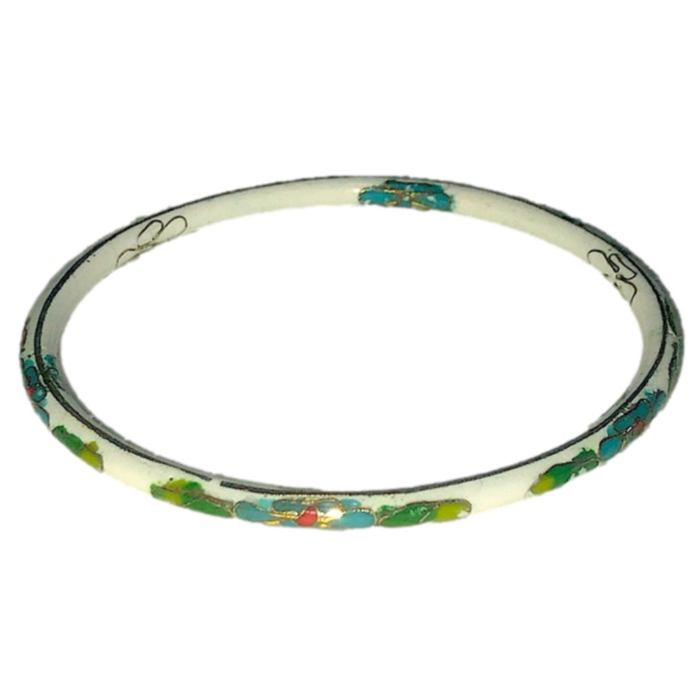 VTG Chinese Cloisonné Hand Painted Gold Lines Floral Bangle Bracelet 8”